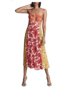 Reiss Floral Colorblock Midi Dress in Red, Orange & Yellow